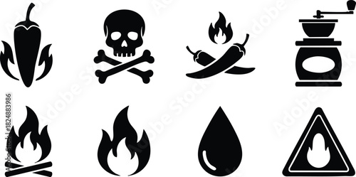 Black silhouette icons of chili pepper skull fire drop and grinder