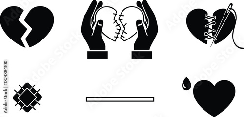 Broken heart repair icons set with bandage and stitching elements
