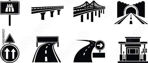 Road and highway traffic icons vector set in black silhouette style