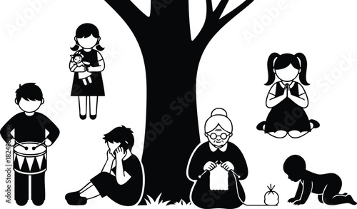 Silhouette of children and grandmother around tree vector illustration