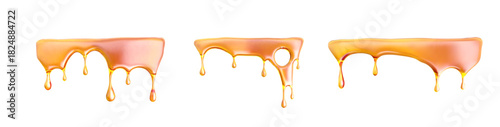 Gooey melt caramel honey oil with background syrup and vector flow. Drip template for candy trickle or water wave. Golden stream for tasty cosmetic design.