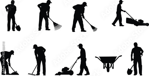 Gardening and landscaping worker silhouettes with tools, outdoor maintenance and yard care activities, lifestyle illustration, cad drawing flat vector illustration