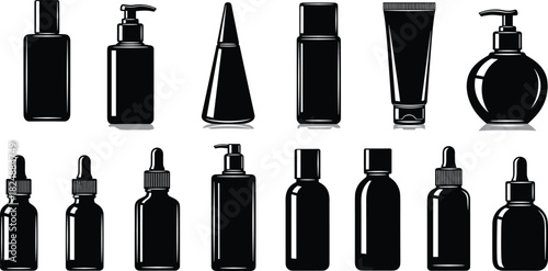Silhouette, cosmetic bottles, skincare containers, beauty packaging, lotion pump, dropper bottle, cream tube, dispenser design, black white vector, product illustration collection
