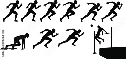 Silhouette, sprinting sequence, high jump, athlete motion, track field, running start, sports training, competition concept, fitness illustration, black white dynamic collection