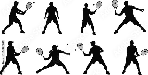 Silhouette, tennis players, racket sport, forehand backhand, athletic motion, sports training, competition concept, fitness illustration, black white dynamic collection, action poses