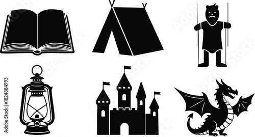 Open book tent lantern castle dragon silhouette vector illustration