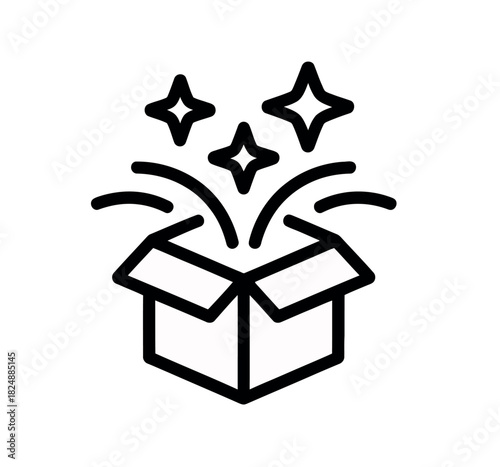 An opened box releasing stars and sparkles, symbolizing surprise, magic, or a gift being revealed.