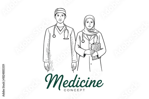 A male and female medical professional wearing scrubs and stethoscopes stand together in a sketch.