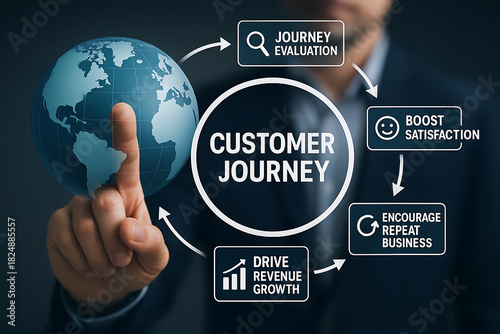Businessman selecting holographic customer journey cycle with icons for evaluation satisfaction repeat business and revenue growth strategy