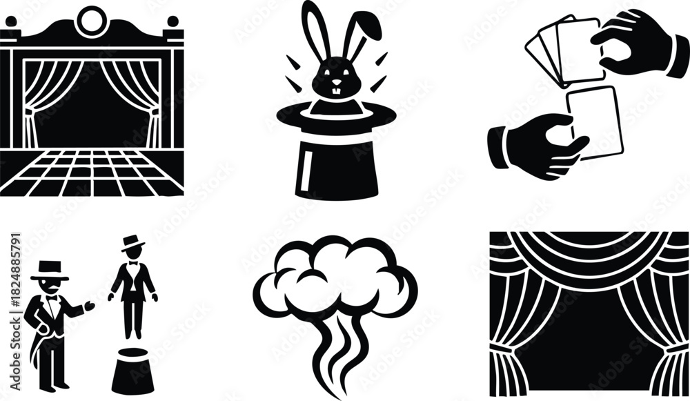 Naklejka premium Theater stage magician tricks and performance icons vector illustration