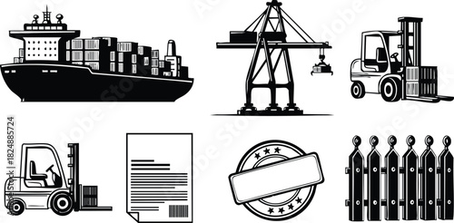 Cargo shipping container ship crane forklift loading dock stamp and workers silhouette vector illustration