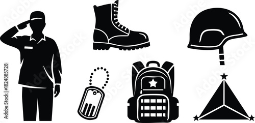 Military soldier silhouette with helmet boots dog tag backpack and tent vector illustration