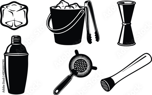 Bar tools set including shaker ice bucket strainer jigger and muddler