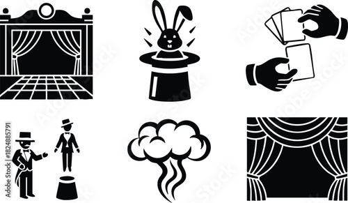 Theater stage magician tricks and performance icons vector illustration