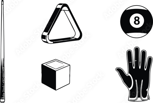 Billiards cues chalk gloves and triangle vector illustration