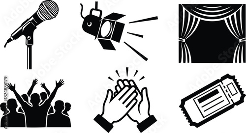 Theater performance icons microphone stage curtain spotlight audience clapping ticket