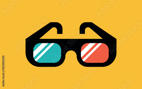 A pair of 3D glasses with red and cyan lenses rests on a bright yellow background.