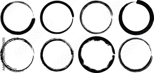 Set of eight distressed oval frames with grunge texture in black and white