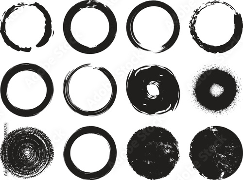 Collection of grunge circle brush strokes in black and white for design