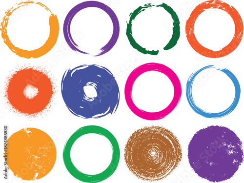 Collection of colorful grunge circle elements on white background for design projects