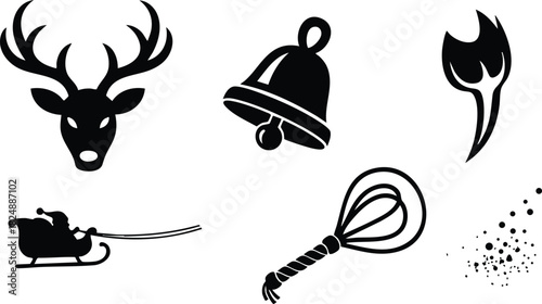 Christmas holiday festive icons set with deer bell sleigh torch and whisk