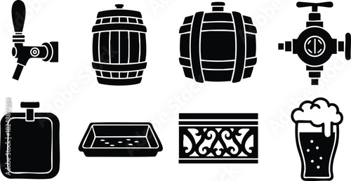 Black silhouette icons of beer barrel tap flask tray foam vector illustration