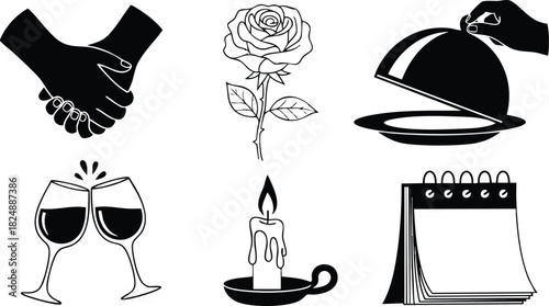 Black silhouette icons of handshake rose clinking glasses candle and calendar vector illustration