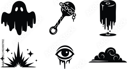 Black horror style icons vector set with ghost eye explosion and smoke elements