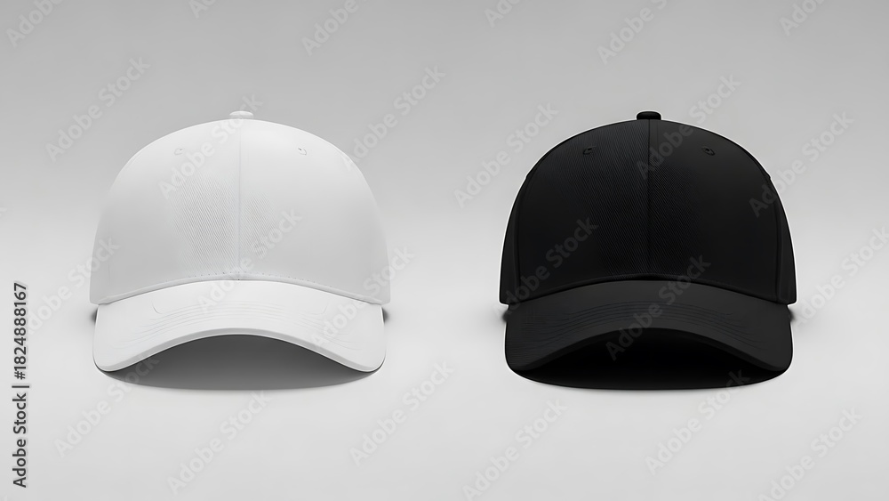 Fototapeta premium Plain white and black baseball caps, ready for custom design.