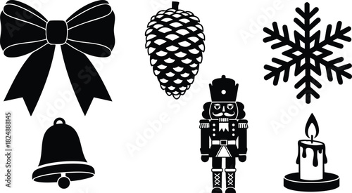 Christmas holiday icons set with bow pinecone snowflake bell nutcracker and candle