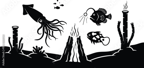 Black silhouette of underwater sea life with squid fish and hydrothermal vent