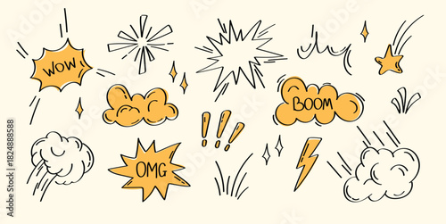 Comic explosion doodle elements set. Hand-drawn boom effects and speech bursts for posters, stickers, comics, and digital design