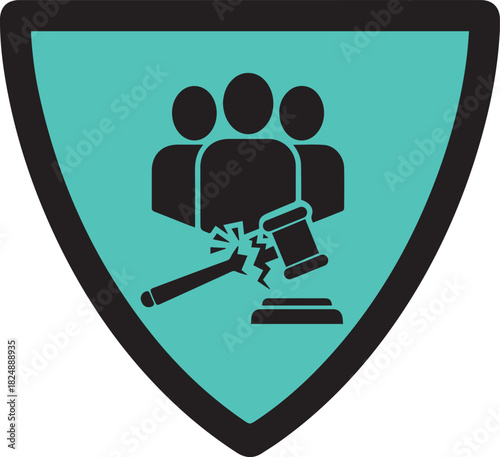Black gavel striking a block with jagged lines on a teal shield with black border and three black figures behind