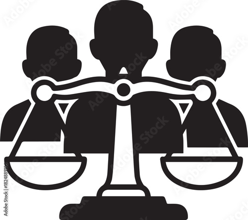 Black silhouette of a balance scale with three human figures on a white background justice equality