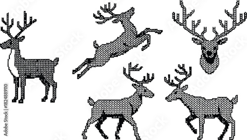 Pixelated deer silhouettes in various poses vector illustration