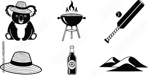 Australian koala with hat barbecue grill bat and bottle desert landscape vector illustration