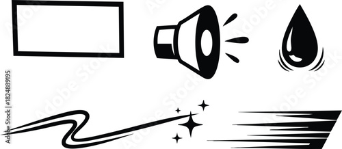 Simple black and white icon set with rectangle speaker drop spark and speed lines