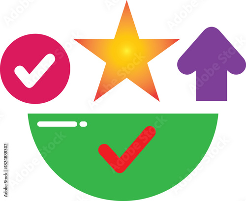Pink checkmark in circle orange yellow star purple arrow green semicircle with red checkmark check mark