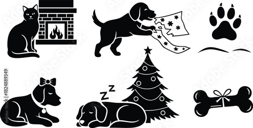 Black silhouette icons of pets with christmas tree fireplace and bone