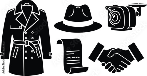 Detective coat hat camera handshake and document icons vector
