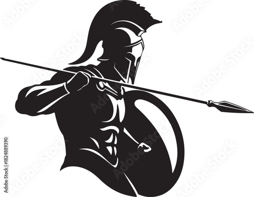 Dynamic black silhouette of a spartan warrior in action pose against a clean white background