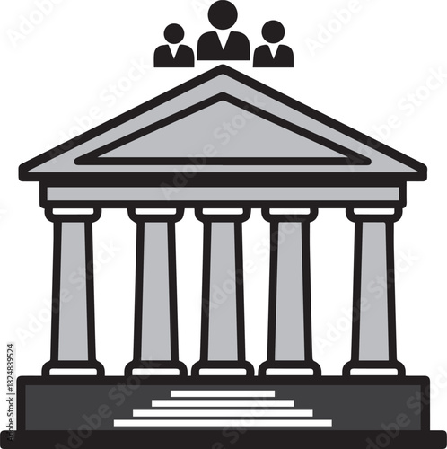 Stylized grey building with columns and three simplified figures on top architecture pillars