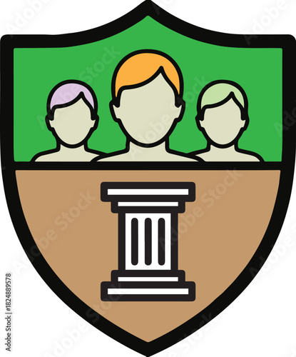 Stylized shield emblem with three figures and a classical column icon symbol three people