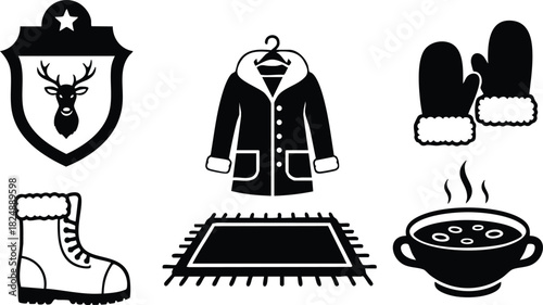 Winter clothing and cozy elements vector set including coat boot mittens rug and hot soup