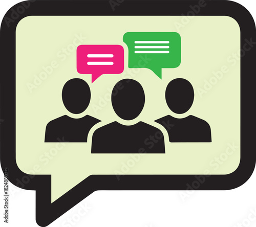 Three black silhouette figures in a light yellow speech bubble with pink and green chat icons above