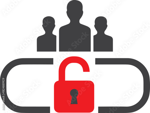 Three dark gray human silhouette figures stand above an open red padlock icon with a dark gray keyhole