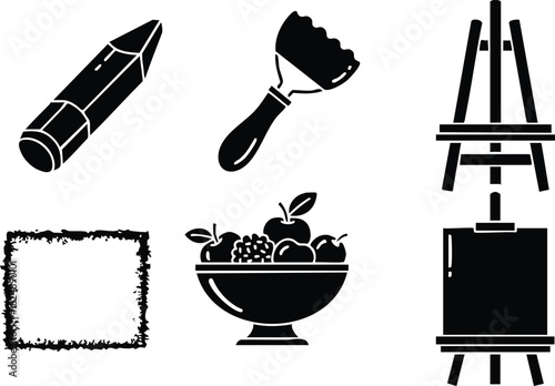 Black artistic tools and bowl vector icons set