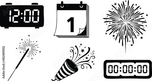 New year celebration icons with clock calendar fireworks and party popper