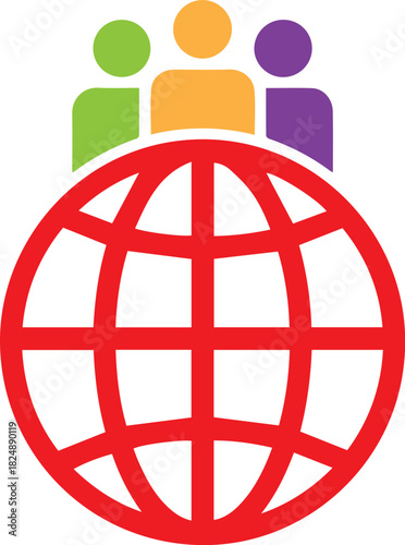 Three diverse people icons in green orange and purple stand above a red globe symbol world community