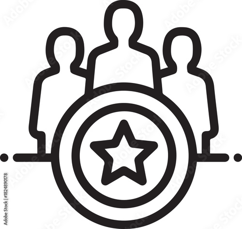 Three stylized human figures standing behind a circular emblem with a star inside icon people